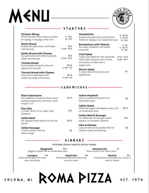 Roma Pizza - Coloma, MI Menu image 2